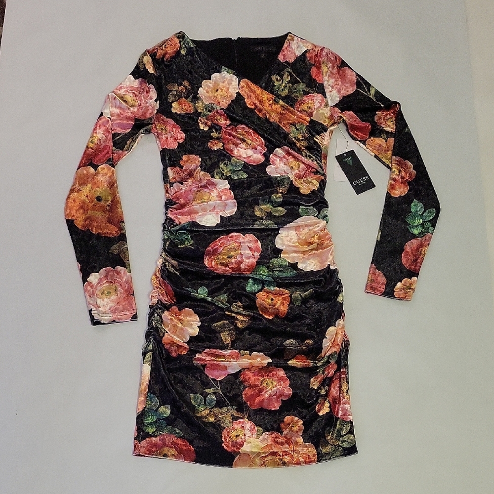 NWT GUESS Women's Tess Velvet Floral-Print Bodycon Dress Size XS